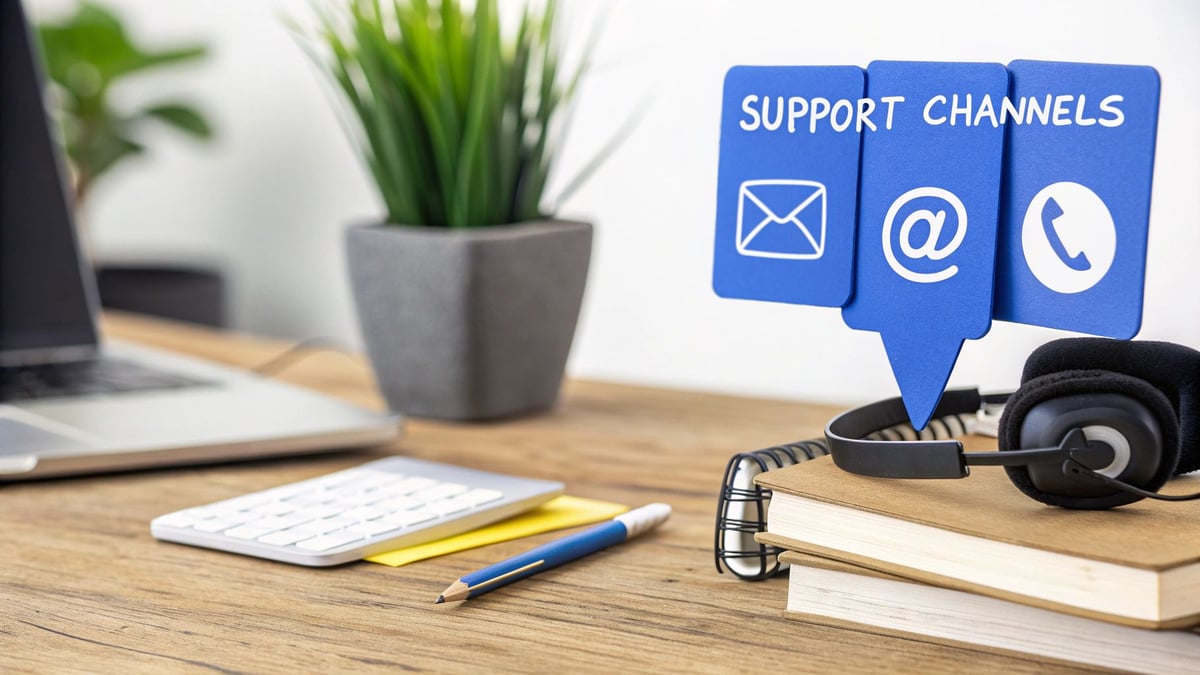 Image showing multiple support channel icons like chat, email, phone, and help center, signifying an omnichannel support strategy.